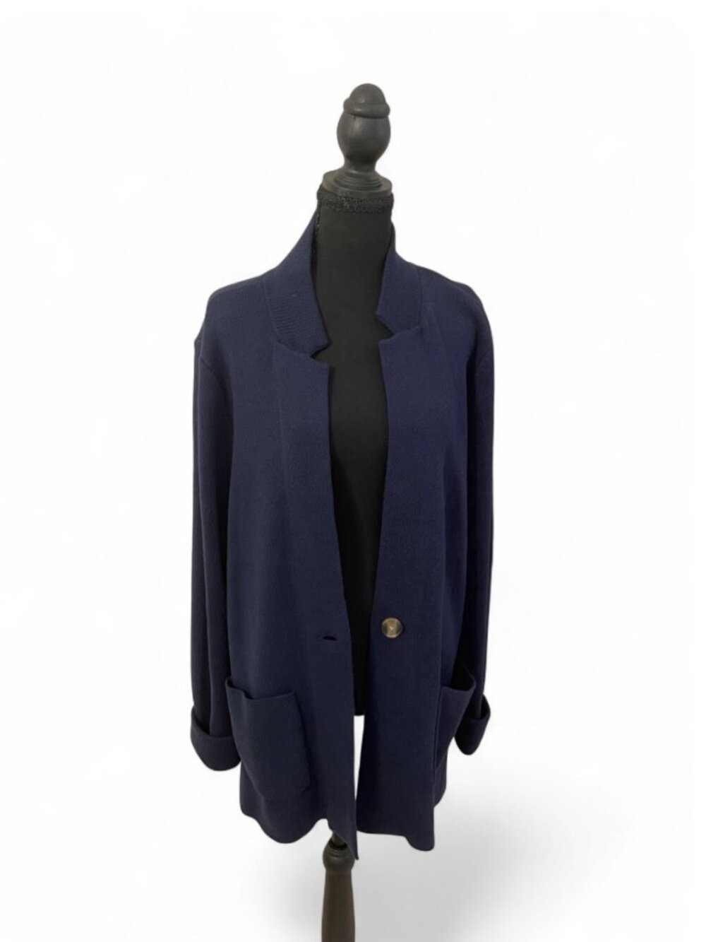 Preppy Navy Sweater Jacket Notch Collar with Button Pockets Long Sweaters Cozy L